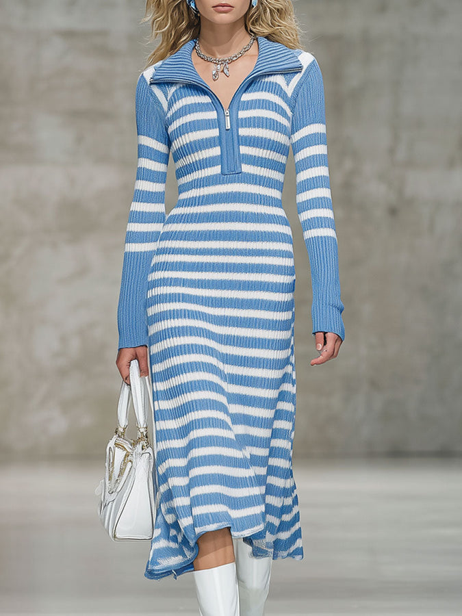 Robe Midi Tricotée à Rayures Bleues et Blanches avec Demi-Fermeture Éclair