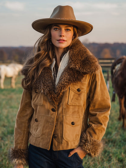 Veste Vintage Western en Velours Côtelé Caramel avec Col en Fourrure Synthétique