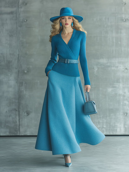 Ensemble de jupe en tricot bleu chic - Élégance intemporelle 'Old Money'