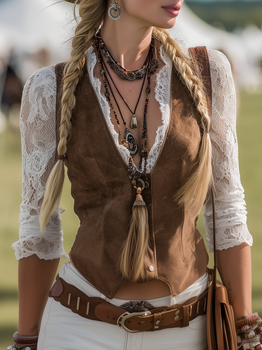 Chemise en Suède Marron avec Manches en Dentelle : Élégance Western Romantique