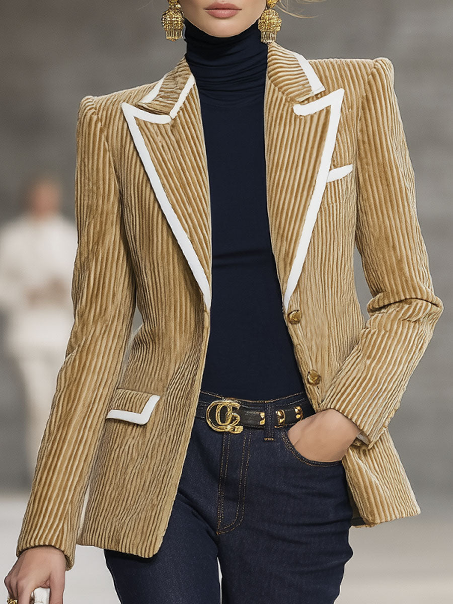 Élégant Blazer en Velours Rayé avec Détails Contrastants