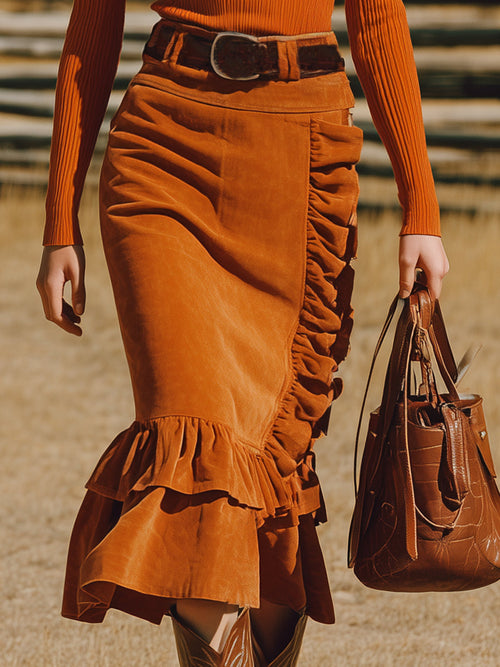 Jupe en Suédine Orange à Volants – Chic Rétro Western