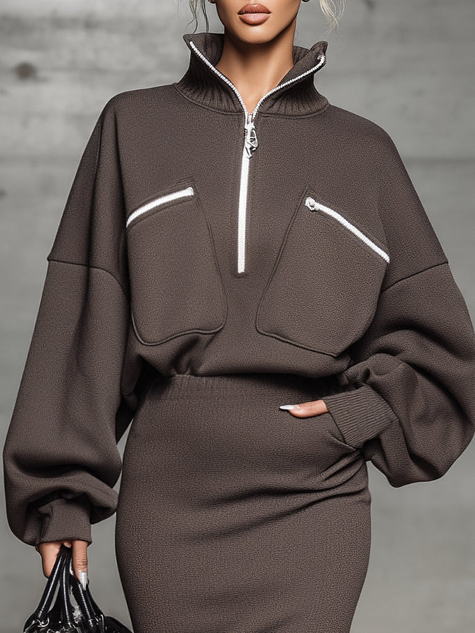 Ensemble Sportif Rétro : Jupe Sweat et Sweatshirt Marron à Zip Blanc