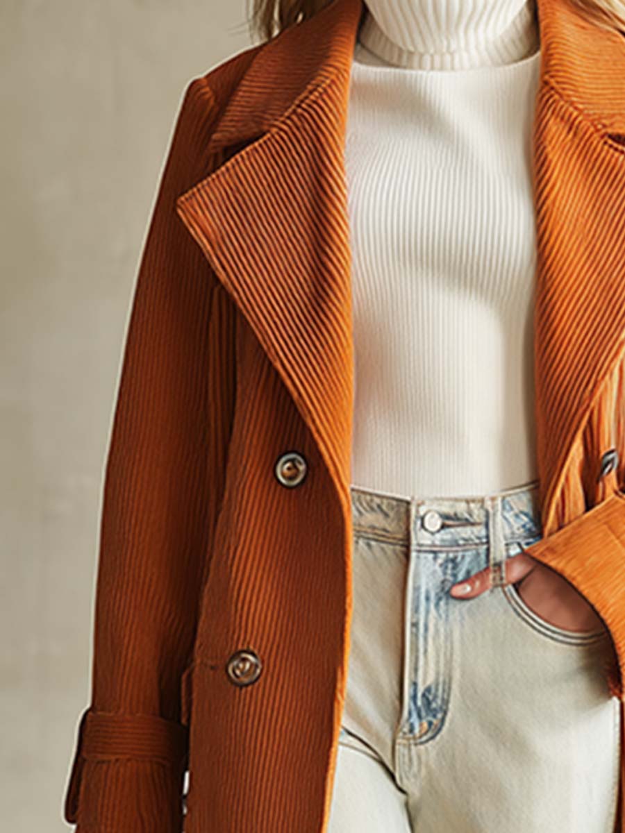 Veste mi-longue en velours côtelé orange, doublée en polaire chic et chaleureuse