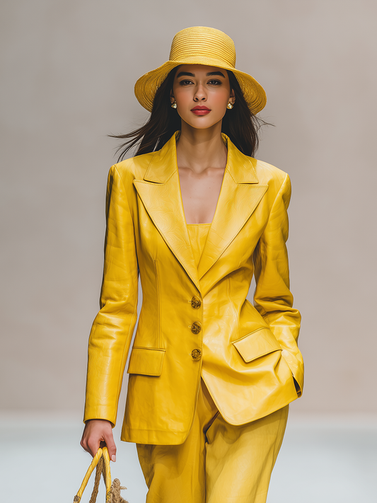 Veste Vintage en Simili Cuir Unicolore à Boutonnage Simple