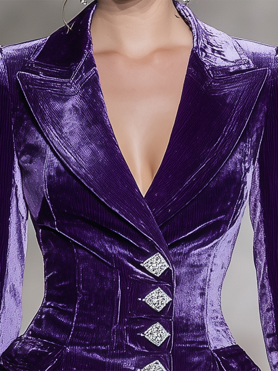 Élégant Blazer en Velours Violet Orné de Boutons en Diamant