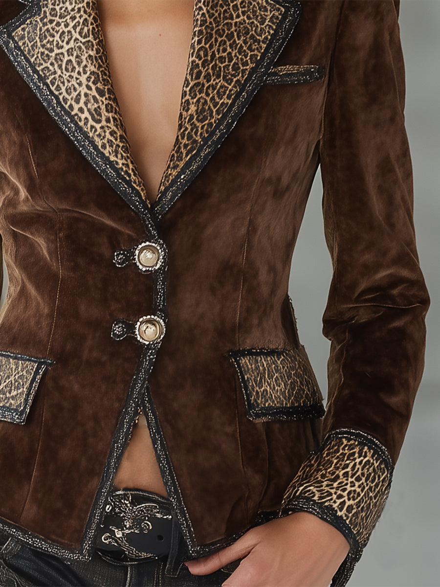 Western-Style Leopard Print Webbing Button with Synthetic Suede