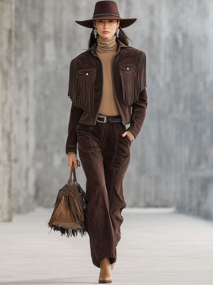 Ensemble Vintage Western en Suédine Cocoa Marron avec Veste à Franges et Pantalon Droit