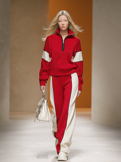 Ensemble Sportif Rétro en Tricot : Haut et Pantalon aux Couleurs Contrastées