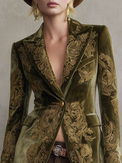 Veste en velours floral rétro décontractée avec bouton