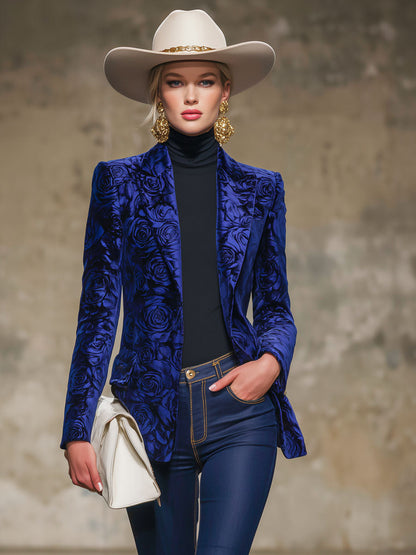 Veste en velours à revers avec motif de roses bleu royal