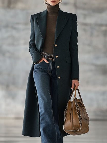 Veste Longue en Laine Vert Foncé - Élégance Rétro Décontractée