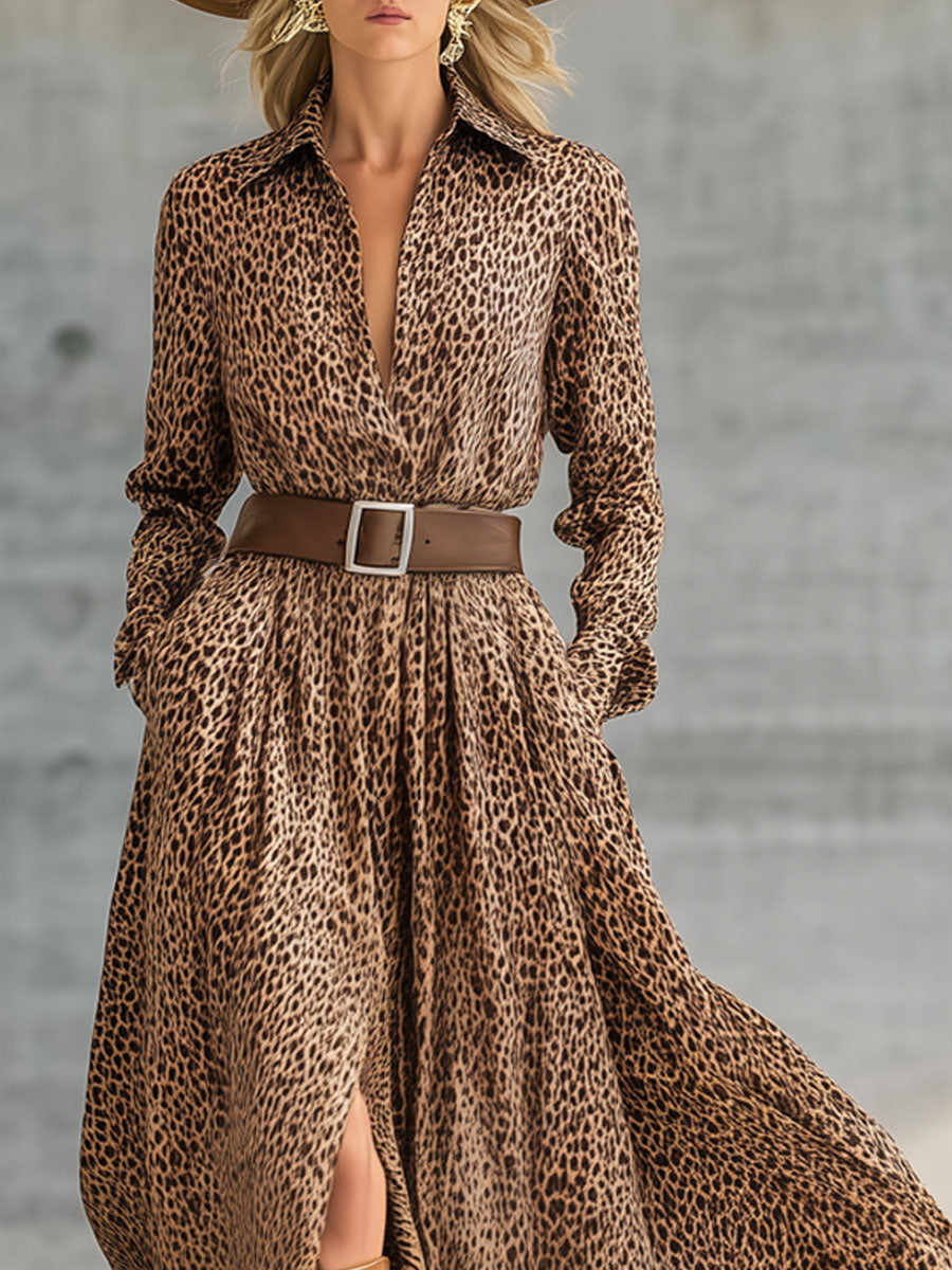 Robe Maxi Imprimée Léopard Marron avec Ceinture - Style Rétro
