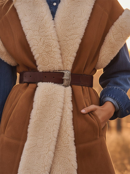 Veste en Velours Synthétique Brun au Style Western Rétro