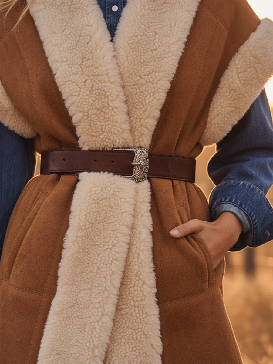Veste en Velours Synthétique Marron au Style Rétro Western