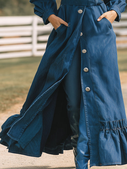 Trench Long en Denim Rembourré au Style Western Chic