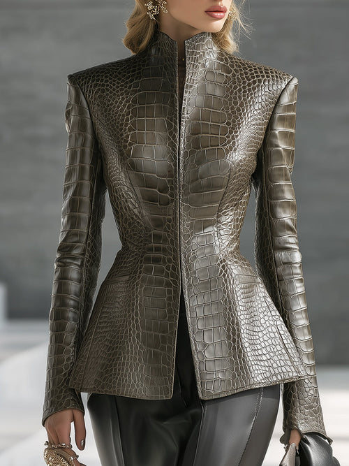 Veste en Similicuir Vert Crocodile à Col Montant Distressé - Élégance Haut de Gamme