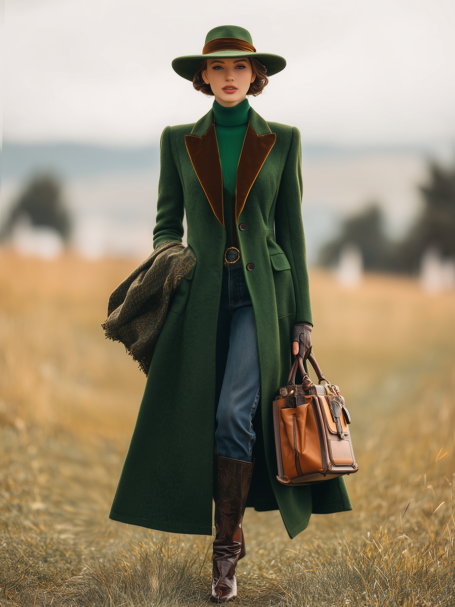 Chic Manteau Long en Laine avec Revers Contrastés au Style Rétro