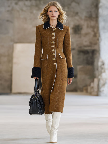 Long Manteau en Laine de Chameau avec Panneaux en Polaire Noire au Style Rétro et Ample