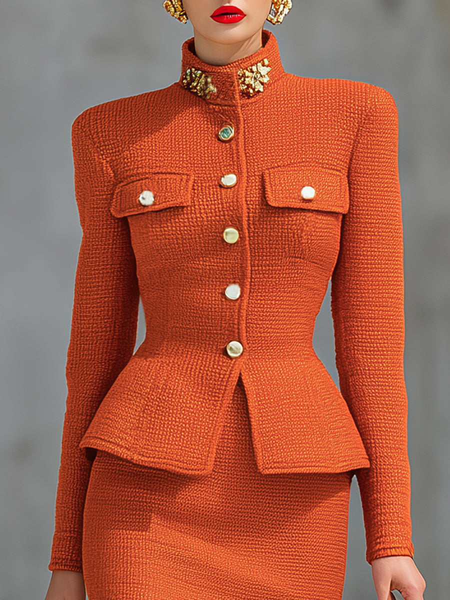 Ensemble Élégant : Cardigan Tricoté à Col Montant et Jupe Chic