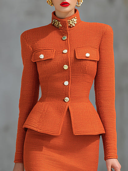 Ensemble Élégant : Cardigan Tricoté à Col Montant et Jupe Chic