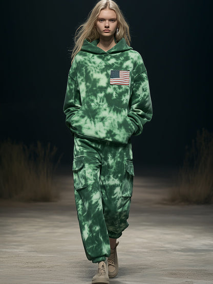 Pull à capuche personnalisé avec impression tie-dye verte et design tendance du drapeau américain