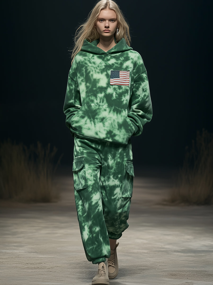 Pull à capuche tendance personnalisé avec impression tie-dye verte et motif drapeau américain