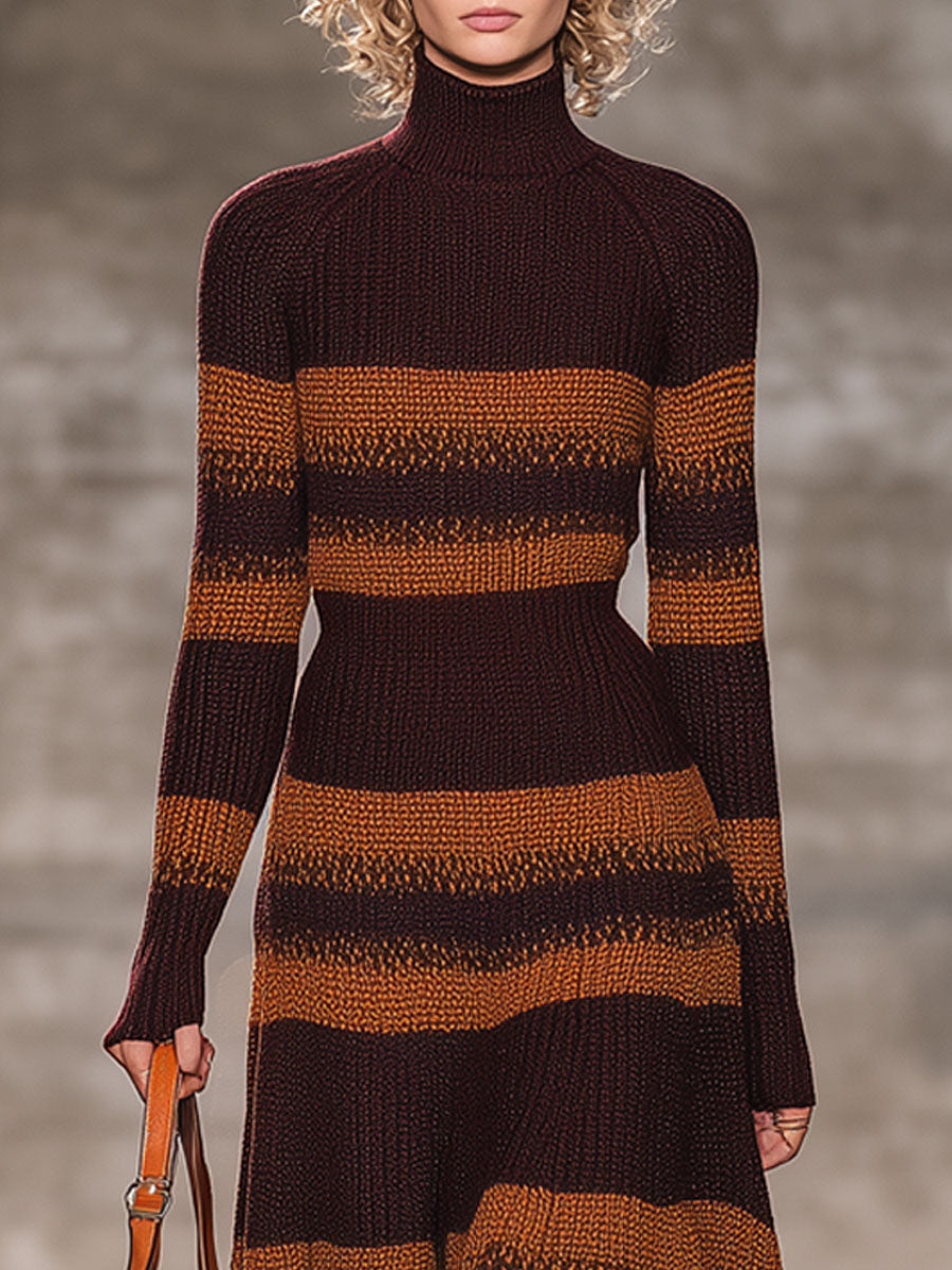 Robe Maxi Rétro à Rayures Caramel et Brun Cacao avec Col Haut