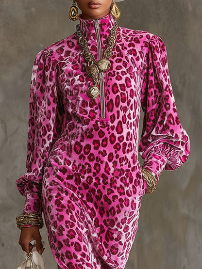 Robe Midi en Velours Léopard avec Col Montant et Manches Bouffantes - Élégance Chic et Confort