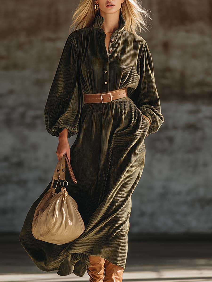 Robe Maxi Vintage en Velours Texturé Vert Armée