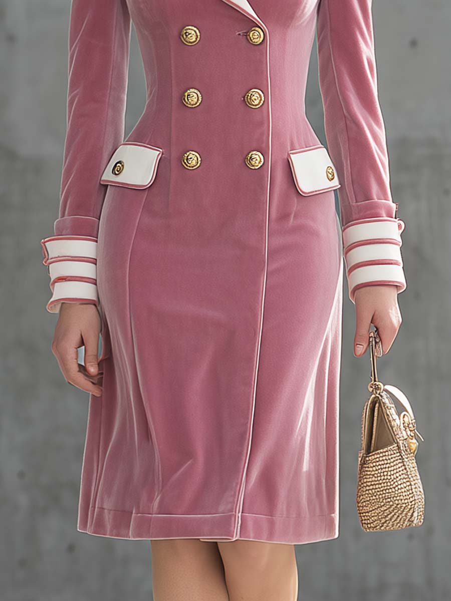 Robe Midi Vintage en Velours Rose Pâle avec Revers Contrastés et Double Boutonnage