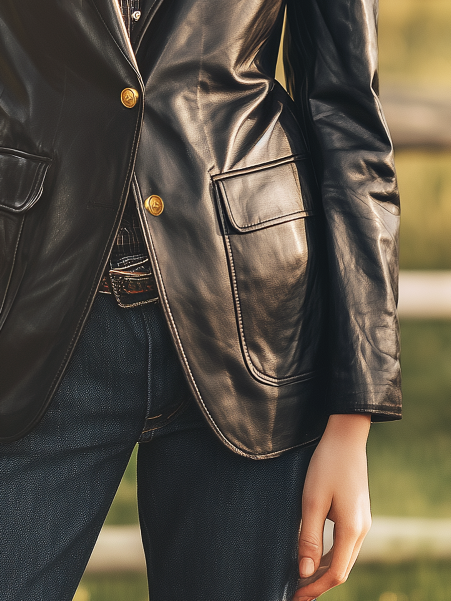 Élégant Blazer Western Rétro en Faux Cuir avec Multiples Poches