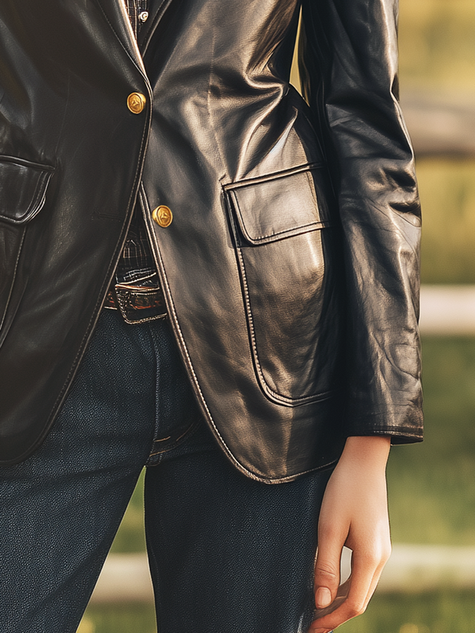 Veste Western Élégante en Faux Cuir à Poches Multiples