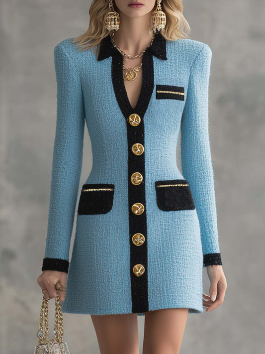 Robe Mini Vintage Classique V-Collier avec Détails en Boutons Métalliques et Bordures Noires en Tweed Bleu Ciel
