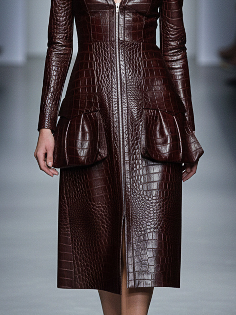 Robe Midi en Cuir PU Rouge Brun avec Col V et Zip Chic