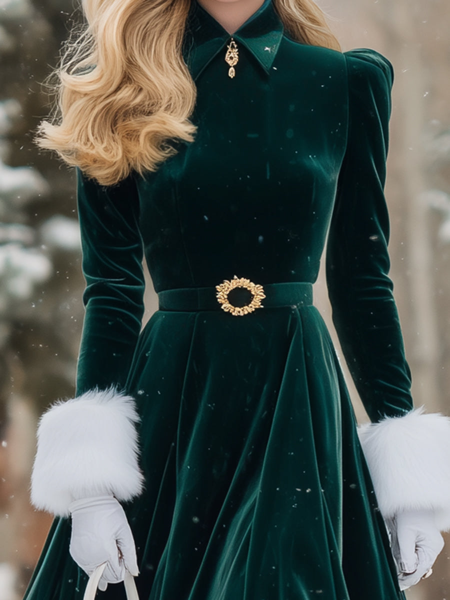 Maxi Jupe en Velours Émeraude Chic avec Détails en Fourrure