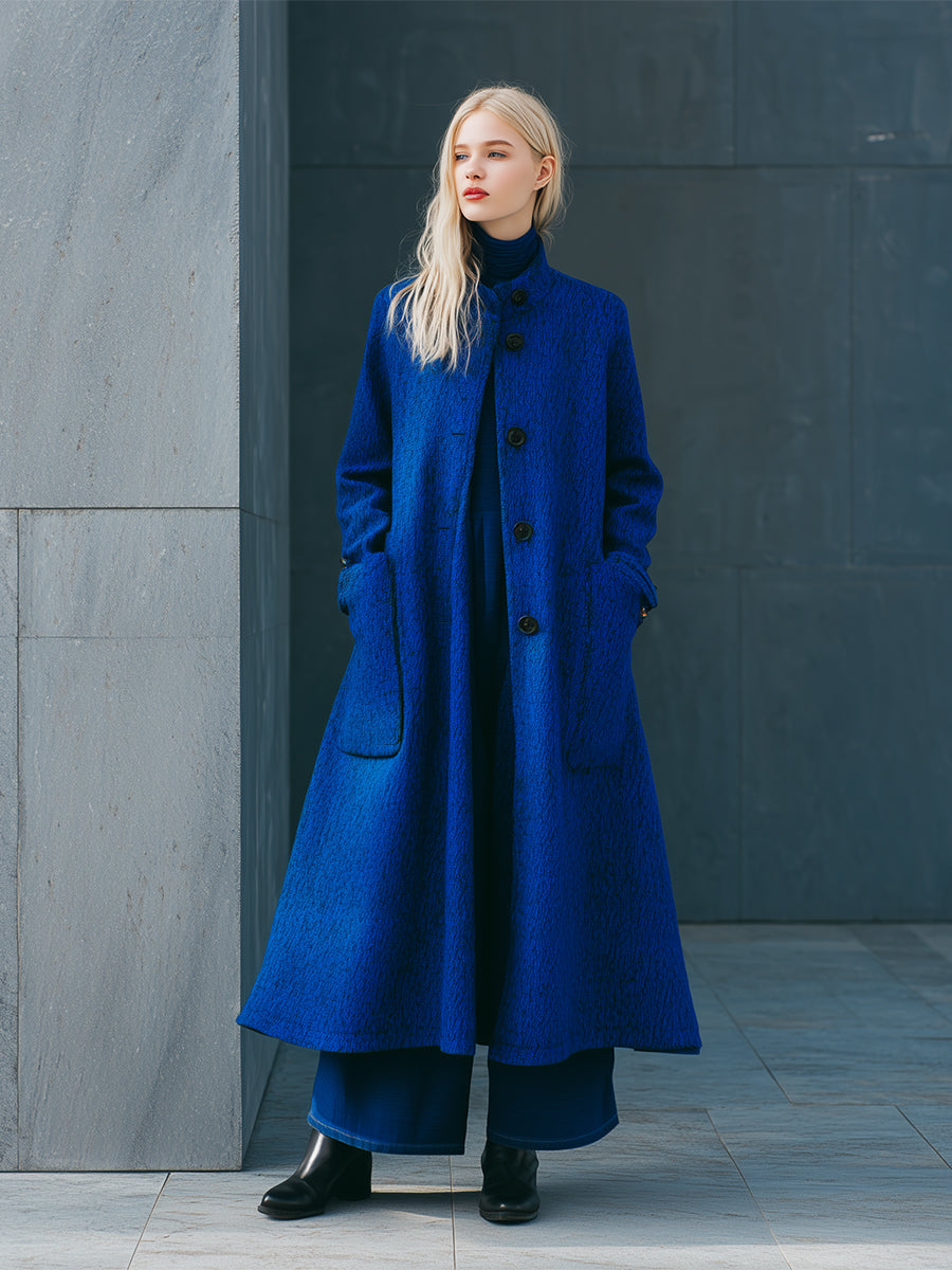 Chic Manteau Mi-Long A-Line Bleu Royal avec Col Montant