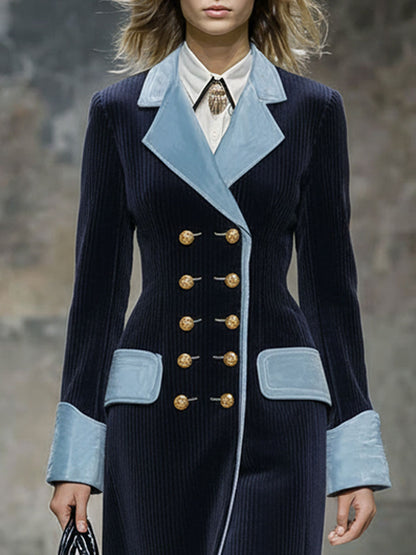 Long Velvet Blue Retro Coat with Navy Cord Trim