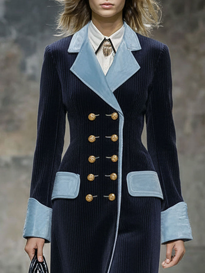 Long Vintage Blue Velvet Coat with Navy Velvet Trim