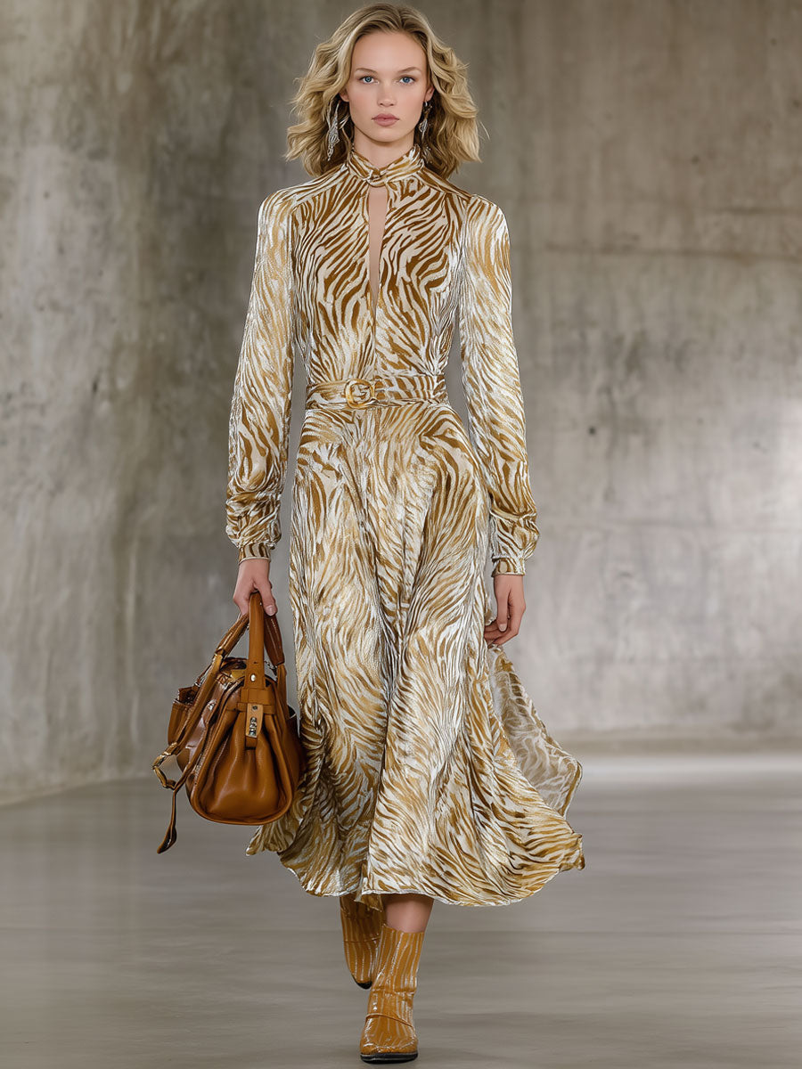 Robe Midi Velours Champagne à Manches Longues - Élégance Rétro avec Motif Zèbre