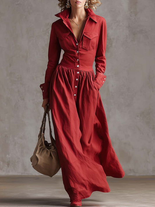 Robe Maxi Élégante en Coton et Lin Rouge - Style Coupe-Vent avec Détails Boutonnés
