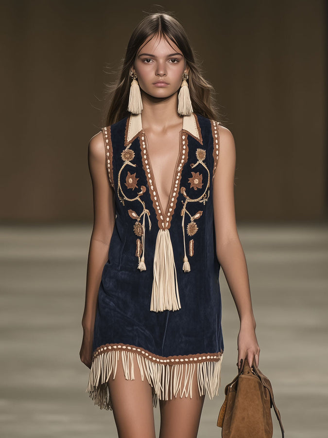 Robe Mini Bohémienne Vintage en Suède Émoussée – Broderies Élégantes et Franges, Expédition Rapide en 24 Heures