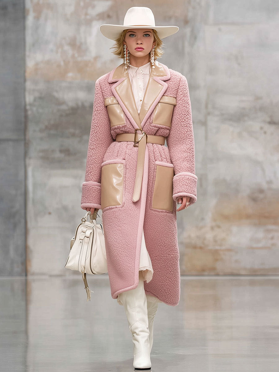 Veste mi-longue en polaire rose vintage avec col en simili cuir