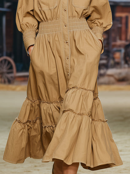 Robe Midi Kaki à Manches Longues avec Détails Volants Rétro