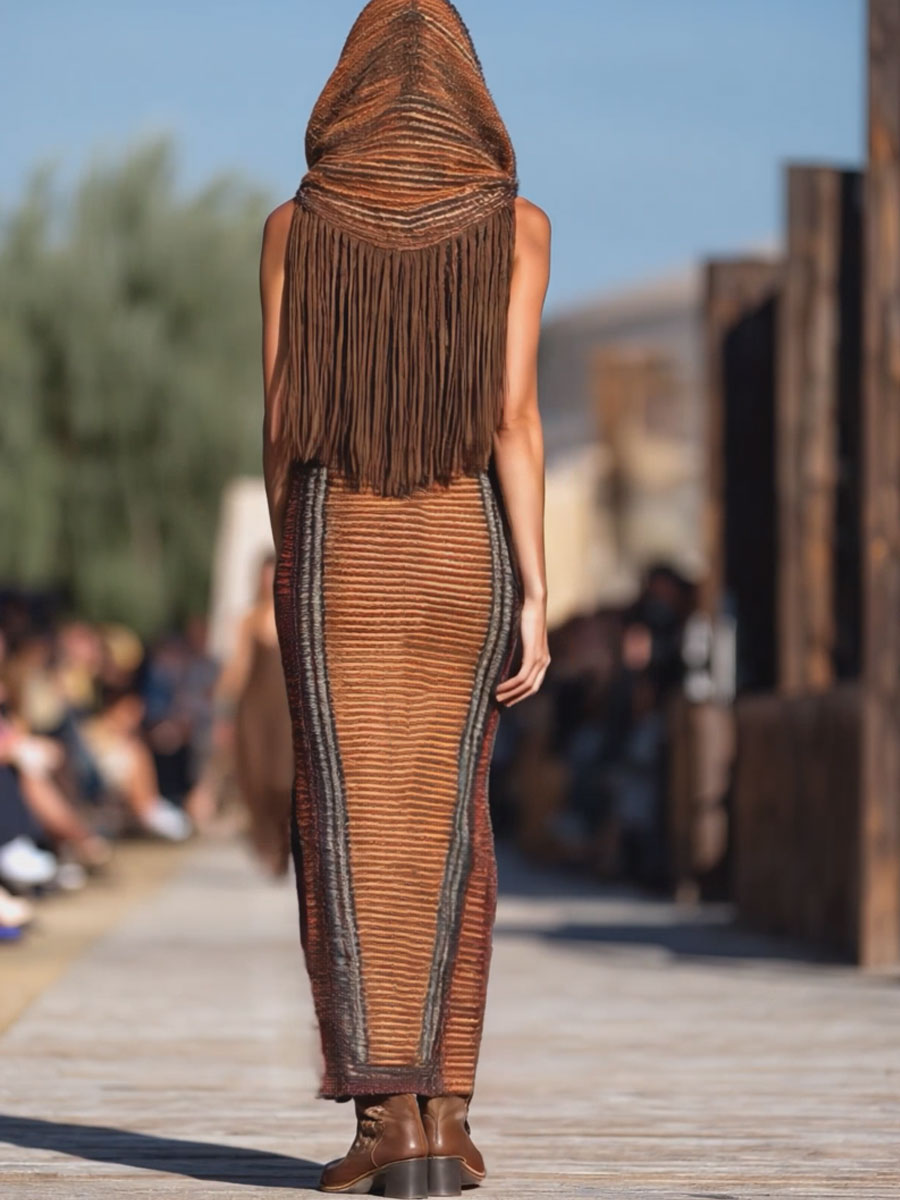 Maxi Robe Tricotée à Franges avec Capuche - Rayures Colorées au Style Western, Expédition en 24 Heures !