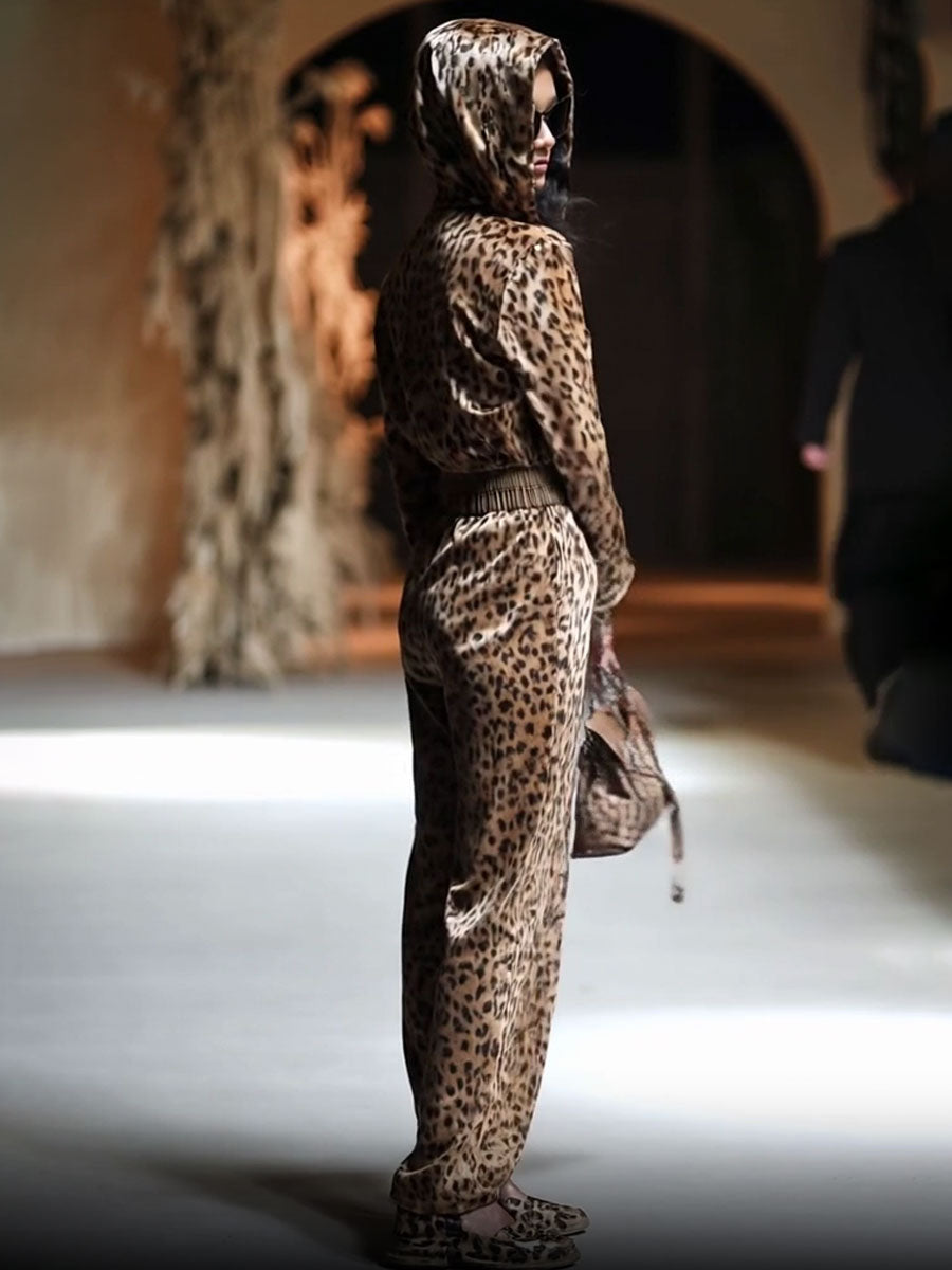 Expédition rapide : Combinaison zippée en velours vintage à capuche, style décontracté et imprimé léopard