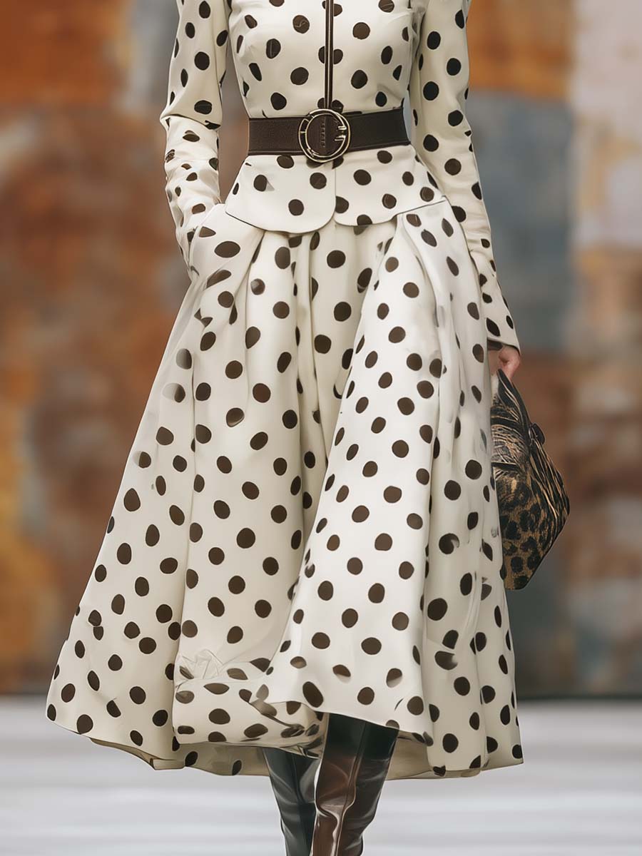 Veste Vintage à Pois Bruns avec Fermeture Éclair et Jupe à Ourlet Décontracté