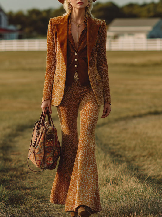 Veste en Velours Léopard Orange au Style Western Rétro avec Pantalons Évasés