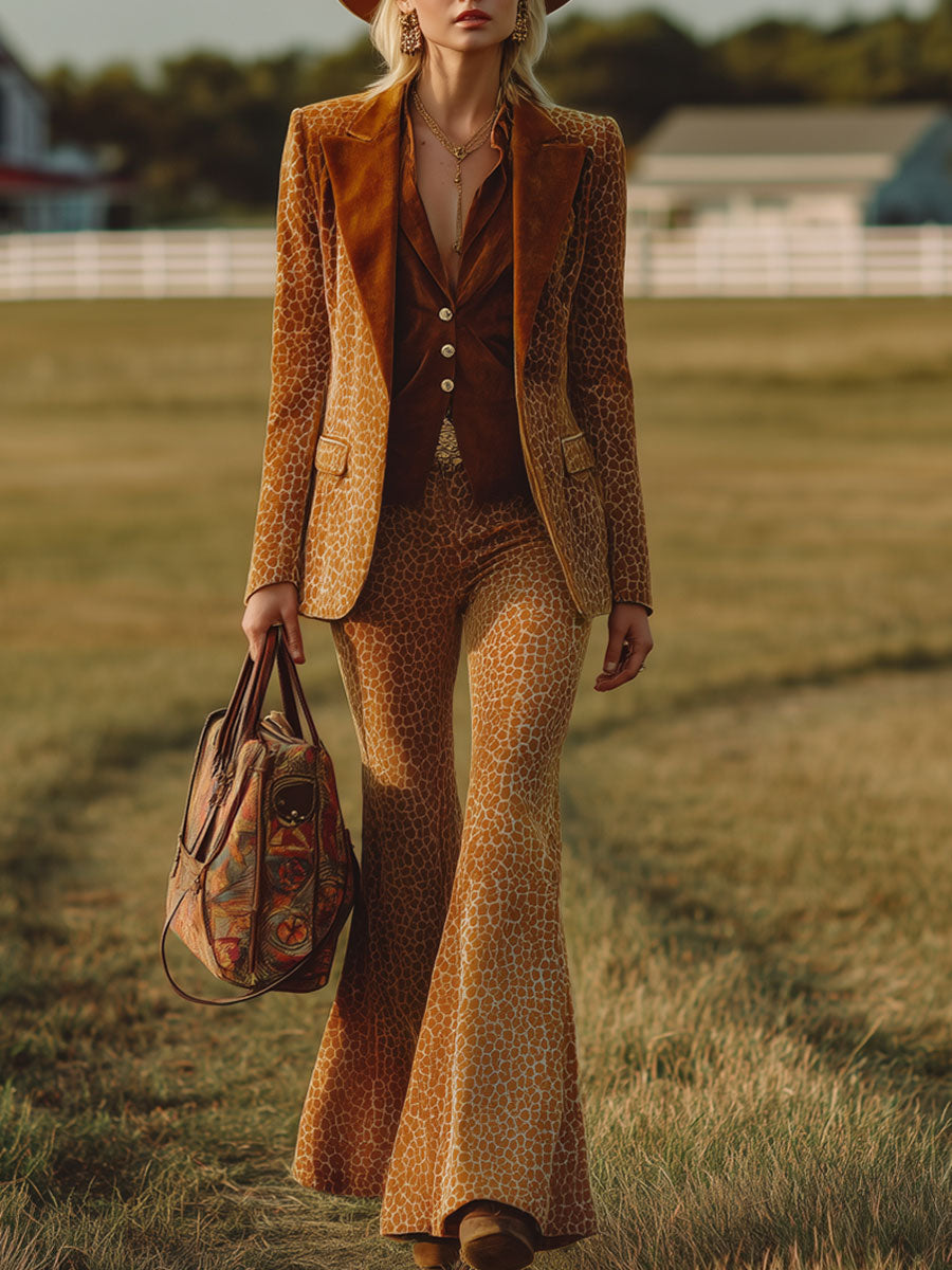 Blazer Imprimé Léopard Orange au Style Western Rétro avec Pantalons Évasés