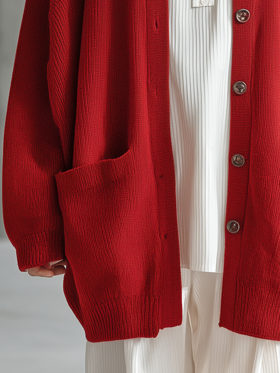 Élégant Cardigan Rouge Tricoté avec Col